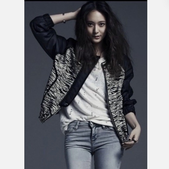 IRO Jett Zip Up BOUCLE tweed Leather Moto Jacket •34/XS black white marbled - Picture 3 of 9